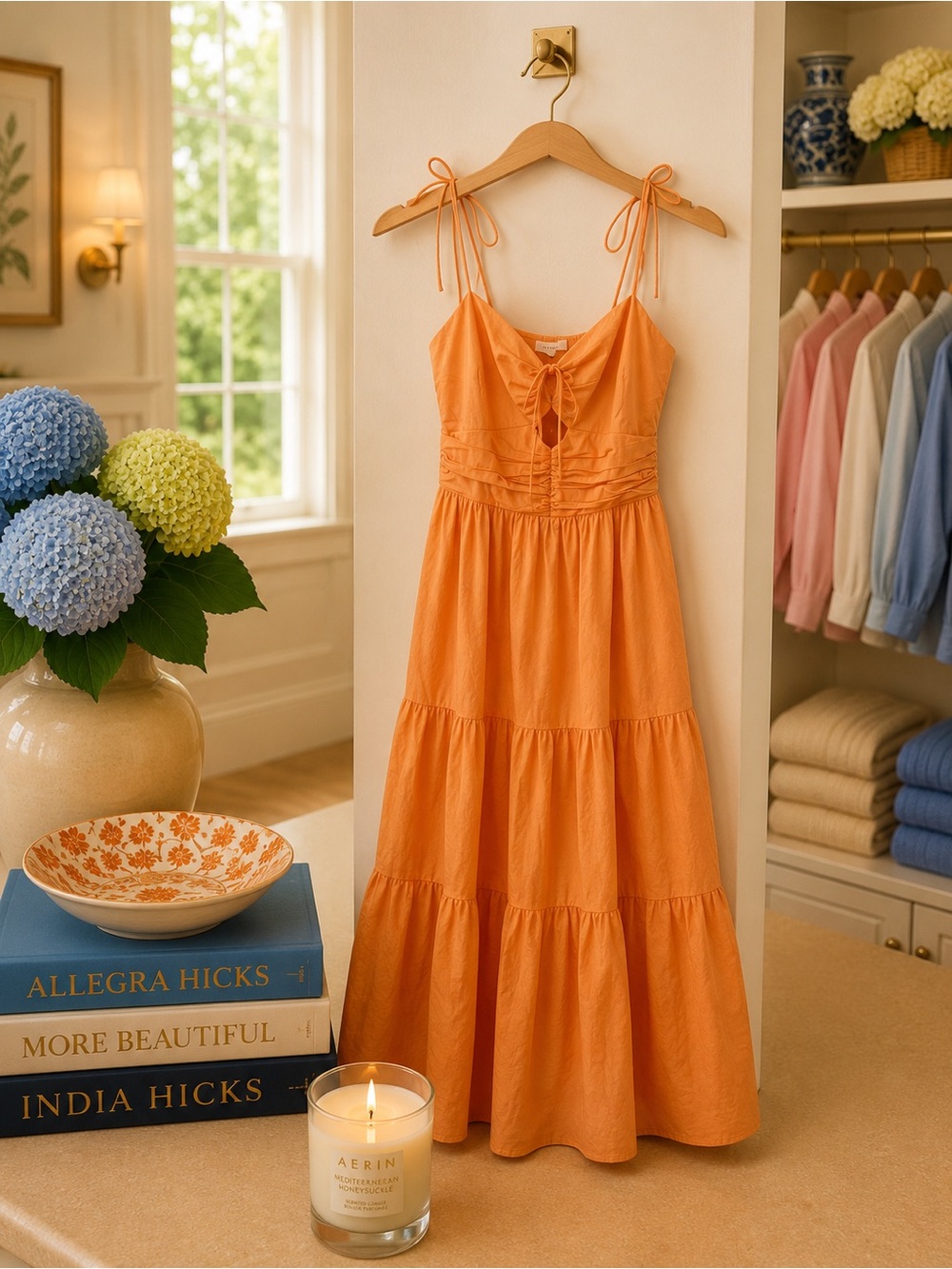 Wayf Orange Tie-Shoulder Tiered Midi Dress